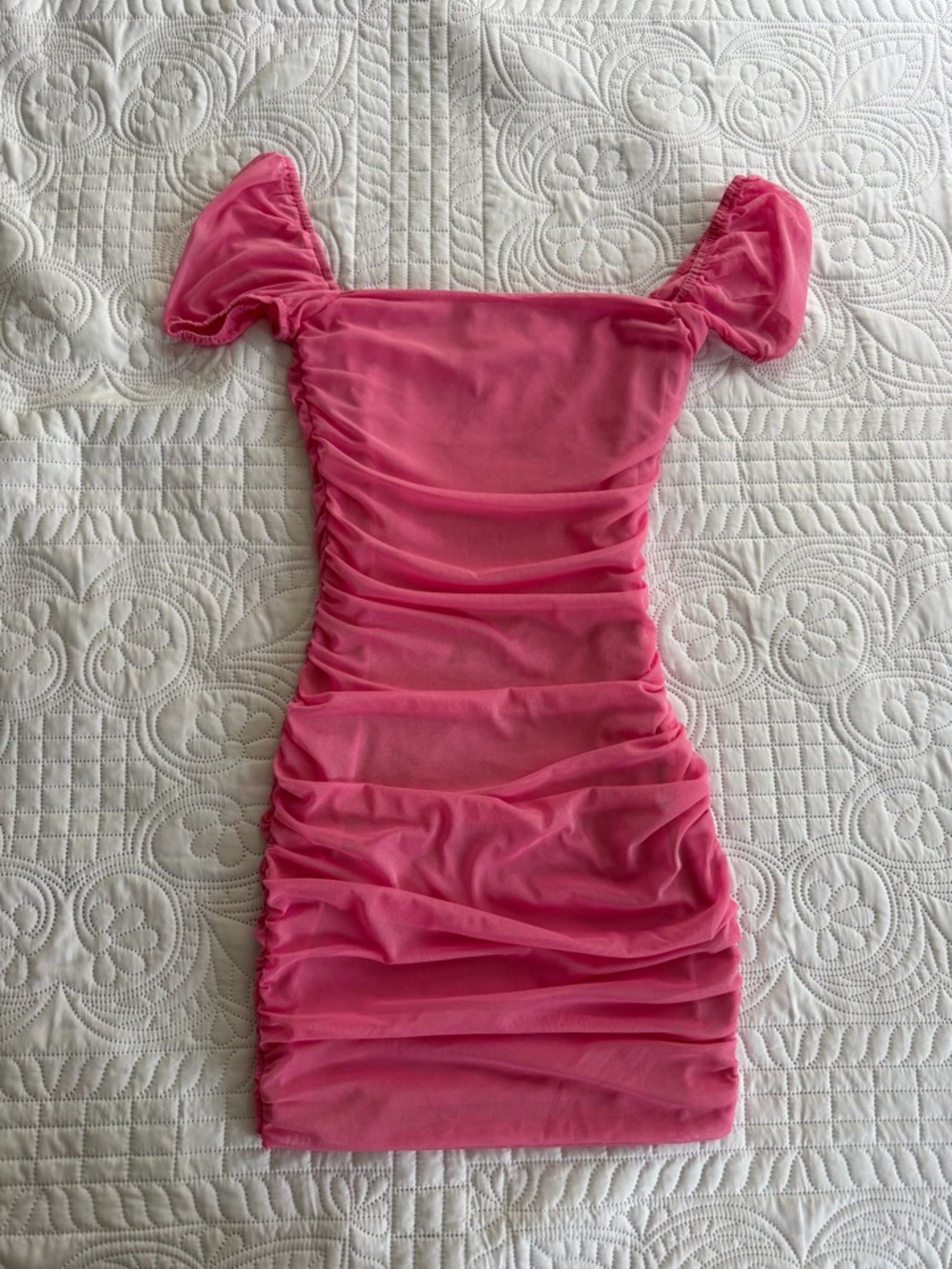 Princess Polly Hot Pink Ruched Puff-Sleeve Fitted Mini Dress 0